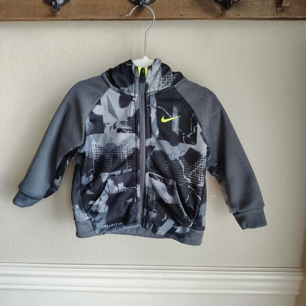 Nike Dri Fit Camo Hooded Jacket Toddler 18M Black Gray Full Zip Pockets Logo